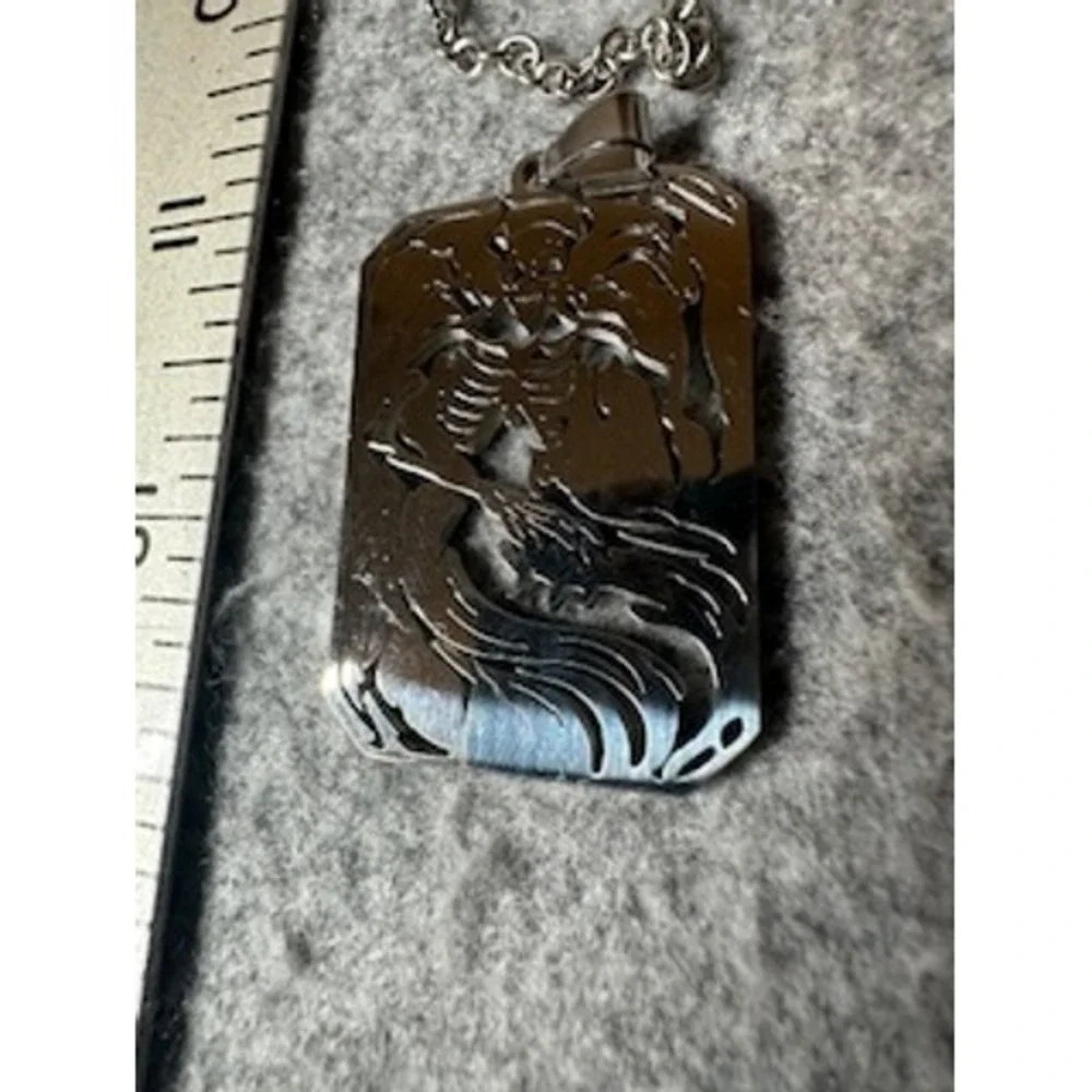 Silver Skeleton Dog Tag Necklace Etched Grim Reaper Pendant Rolo Chain 24 Inch